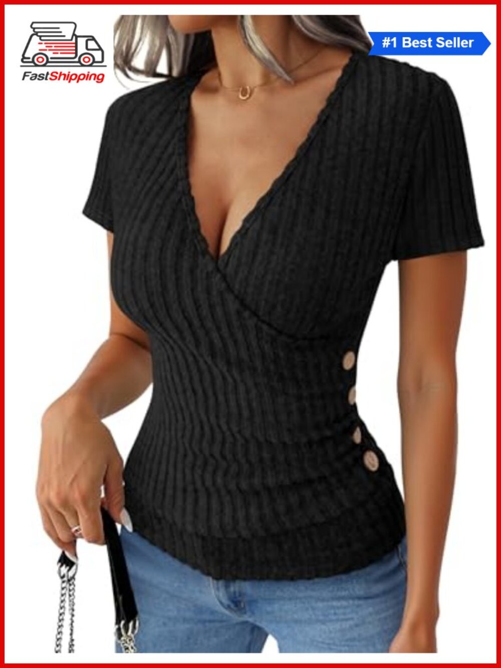 Womens Ribbed Knit V Neck Short Sleeve Slim Fit Top